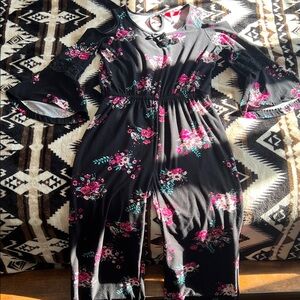 Super Soft Black Jumpsuit with Pink Floral Pattern